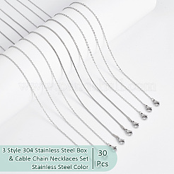 30Pcs 3 Style 304 Stainless Steel Box & Cable Chain Necklaces Set&nbsp;MAK-NB0001-26