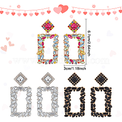3 Pairs 3 Colors Rhinestone Hollow Out Rectangle Dangle Stud Earrings&nbsp;EJEW-FI0001-12