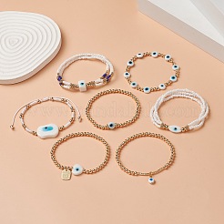 7Pcs 7 Style Evil Eye Lampwork & Glass Seed & Brass Beaded Stretch Bracelets Set for Women&nbsp;BJEW-JB09249-02