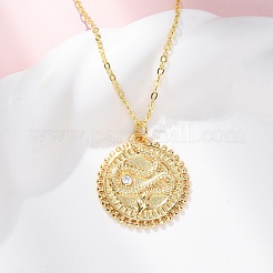 Brass Micro Pave Clear Cubic Zirconia Flat Round with Snake Pendant Necklaces&nbsp;NJEW-S438-02A-G