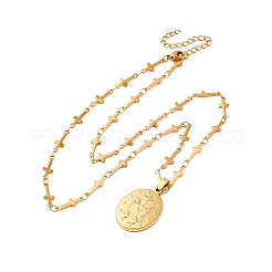 201 Stainless Steel Miraculous Medal Virgin Pendant Cross Link Chain Necklaces&nbsp;NJEW-S440-13G