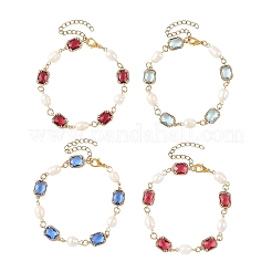 Natural Cultured Freshwater Pearl & Brass Glass Link Chains Bracelets for Women&nbsp;BJEW-JB14214