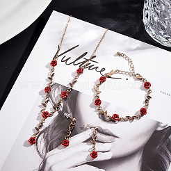 Siam Rhinestone Rose Flower Dangle Stud Earrings & Link Chain Bracelet & Lariat Necklace&nbsp;SJEW-AN0001-13