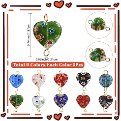 45Pcs 9 Styles Heart Handmade Millefiori Lampwork Connector Charms&nbsp;PALLOY-YW00124