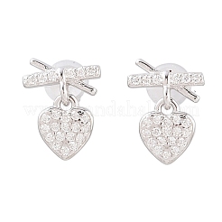 Heart with Bowknot 925 Sterling Silver Micro Pave Clear Cubic Zirconia Dangle Stud Earrings&nbsp;EJEW-C176-03P