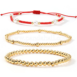 3Pcs 3 Styles Brass Round Beads Stretch Bracelets & Glass Seed Beads & Imitation Pearl Round Beads Adjustable Bracelets Set for Women&nbsp;YO0732-1