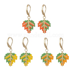 3 Pairs 3 Colors Leaf Glass Seed Beaded Leverback Earrings&nbsp;EJEW-MZ00701