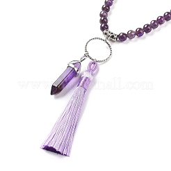 Natural Amethyst Bullet & Tassel Pendant Necklace with Mixed Gemstone Beaded Chains&nbsp;NJEW-E585-02C