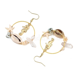 Alloy & Natural Shell & Natural Quartz Crystal & Natural Larimar & Synthetic Turquoise Dangle Earrings&nbsp;EJEW-JE07515