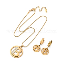Flat Round with Letter B 304 Stainless Steel Pendant Necklaces & Hoop Earring Jewelry Sets&nbsp;SJEW-L177-08G