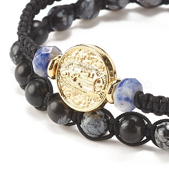 2Pcs 2 Style Natural Snowflake Obsidian & Blue Spot Jasper Braided Bead Bracelets Set with Brass Virgin Mary&nbsp;BJEW-JB07947