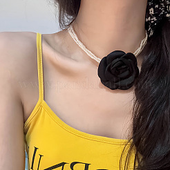 3 Layer White Round Faux Pearl 3D Rose Flower Pendant Choker Necklaces for Women&nbsp;WG1928F-03