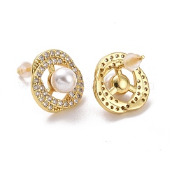 Clear Cubic Zirconia Flower with Plastic Pearl Stud Earrings&nbsp;EJEW-A072-06LG
