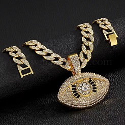 Zinc Alloy Full Crystal Rhinestone with Enamel Black Evil Eye Pendant Cuban Link Chain Necklaces for Men&nbsp;FS-WG3C954-01