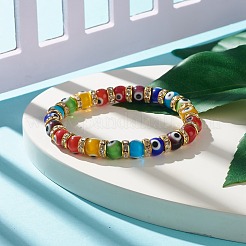 Colorful Evil Eye Lampwork Beaded Stretch Bracelet with Crystal Rhinestone for Women&nbsp;BJEW-JB07872-01