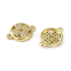 Rack Plating Brass Micro Pave Clear Cubic Zirconia Flat Round with Flower Connector Charms&nbsp;KK-C052-40G