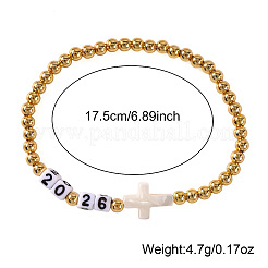 Adjustable New Year 2026 Brass Round Beaded Stretch Bracelets with Natural White Shell Cross&nbsp;OF5922