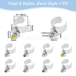 8Pcs 8 Color Birthstone Rhinestone & 201 Stainless Steel Flat Round Charm Rings Set&nbsp;RJEW-AB00004