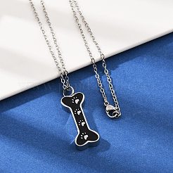 304 Stainless Steel Black Enamel Paw Print Bone Pendant Pet Urn Ashes Necklaces&nbsp;NJEW-S455-06P