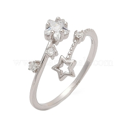 Star Sterling Silver Cubic Zirconia Adjustable Open Cuff Rings for Women&nbsp;RJEW-B128-04
