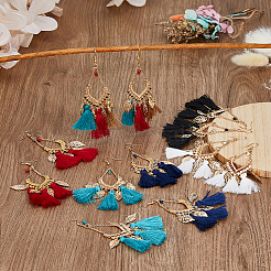 6 Pairs 6 Colors Leaf & Cotton Tassel Chandelier Earrings&nbsp;EJEW-FI0003-14
