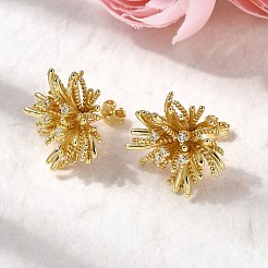 Flower Brass Micro Pave Clear Cubic Zirconia Stud Earrings&nbsp;EJEW-H171-01A-G