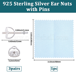 3 Pairs 925 Sterling Silver Screw Ear Nuts&nbsp;STER-BBC0009-74A