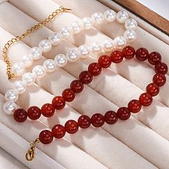 Natural Carnelian(Dyed & Heated) & Shell Pearl Round Beaded Necklaces&nbsp;NJEW-U026-23G