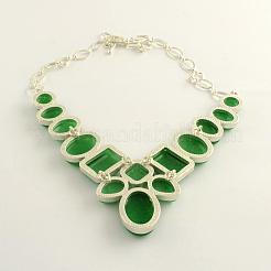 Natural Malaysia Jade Gemstone Bib Statement Necklaces with Alloy Cabochon Settings and Silver Color Plated Brass Chains&nbsp;NJEW-R224-02E-B