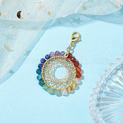 Copper Wire Wrapped 7 Chakra Natural Gemstone Ring Pendant Decorations&nbsp;HJEW-TA00208