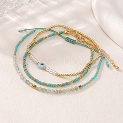 3Pcs 3 Styles Brass & Glass & Natural Green Aventurine Beaded Braclet Set&nbsp;WN5918-2