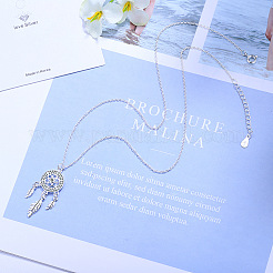 Brass Pave Clear Cubic Zirconia Flower Woven Web/Net with Feather Pendant Necklaces for Women&nbsp;WGCDCED-01