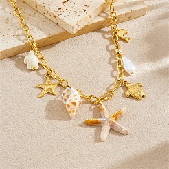 Acrylic Starfish & Natural Shell & Imitation Pearl Pendant 304 Stainless Steel Cable Chain Necklaces for Women&nbsp;NJEW-Z095-02G