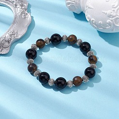 12mm Round Natural Black Onyx(Dyed & Heated) & 10mm Round Natural Tiger Eye & Alloy Beaded Stretch Bracelets for Women&nbsp;BJEW-JB10559