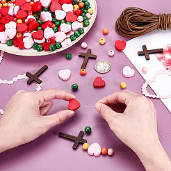 DIY Wood Round Heart Cross & Cowhide Leather Cord Necklaces Making Kits&nbsp;DIY-GA0007-97