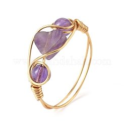 Copper Wire Wrapped Natural Amethyst & Rose Quartz & Red Jasper Braided Bead Rings for Women&nbsp;RJEW-JR00849