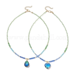 2Pcs 2 Styles Blue K9 Glass Teardrop Heart Pendant Electroplated Glass Faceted Rondelle Beaded Necklaces&nbsp;NJEW-JN05751