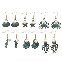 Ocean Alloy & Shell Pearl & 304 Stainless Steel Dangle Earrings&nbsp;EJEW-JE07369