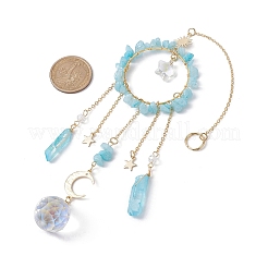 Natural Dyed Jade Imitation Aquamarine Chip Pendant Decorations with Brass Moon & Cable Chain & Electroplated Quartz Crystal Tassel&nbsp;HJEW-JM01650-02