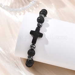 Natural Lava Rock & Synthetic Turquoise & Non-magnetic Hematite Cross & Round Beaded Stretch Bracelets for Women Men&nbsp;BJEW-JB13930