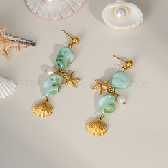 304 Stainless Steel Starfish with Shell Shape Dangle Stud Earrings&nbsp;KG6843