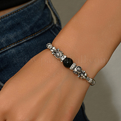 Natural Obsidian & Zinc Alloy Flower Round Beaded Elegant Women's Bracelets&nbsp;ZF9311-2
