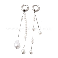 304 Stainless Steel & Glass Pearl Tassel Hoop Earrings for Women&nbsp;EJEW-G463-01P