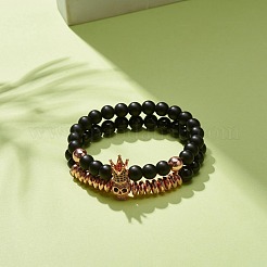 2Pcs 2 Style Synthetic Hematite & Black Stone & Natural Obsidian Stretch Bracelets Set with Cubic Zirconia Skull&nbsp;BJEW-JB08120-04