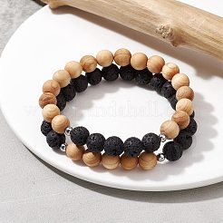 Natural Lava Rock & Wooden Round Beaded Stretch Bracelet&nbsp;BJEW-JB10075-02