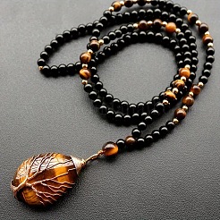Natural Tiger Eye Copper Wire Wrapped Tree of Life Teardrop Pendant Black Round Beaded Necklaces for Men&nbsp;EF1555