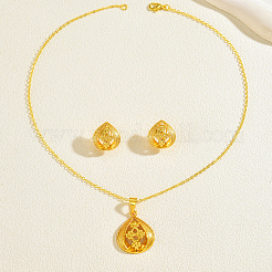 Brass Teardrop with Flower Pendant Necklace & Stud Earrings Sets for Women&nbsp;WB6446