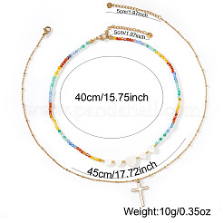 Summer Beach Rainbow Natural Mixed Stone and White Shell Heart Beaded Double Layer Necklaces with Stainless Steel Religion Cross Pendant&nbsp;EX6128-1