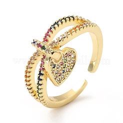 Rhinestone Heart Charm Open Cuff Ring&nbsp;RJEW-M142-09G