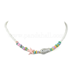 Ocean Synthetic Turquoise Starfish & Handmade Porcelain Fish & Glass Seed Beaded Necklaces for Women&nbsp;NJEW-JN06221